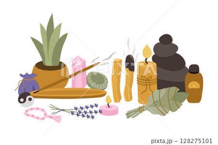 Subjects for yoga and meditation practice, rest and relaxation. Palo Santo sticks, sage, aromatherapy, crystals, rosaries, candles, lavender, oil, yin yang, aloe, stones. Vector illustration. 128275101
