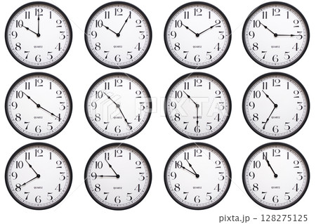 A set of 12analog wall clocks with black frames and bold numbers, each showing a different hour from 10:00 to 10:55 or 22:00 to 22:55. Perfect for time related infographics. A set of 12analog wall clocks with black frames and bold numbers, each showing a different hour from 10:00 to 10:55 or 22:00 to 22:55. Perfect for time related infographics. 128275125