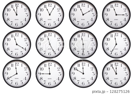 A set of 12analog wall clocks with black frames and bold numbers, each showing a different hour from 11:00 to 11:55 or 23:00 to 23:55. Perfect for time related infographics. 128275126