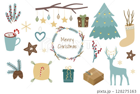 Christmas, a set of festive elements for design and decor. Wreath, deer, garland, branches, spruce, lenok, gift. Vector illustration in a minimalistic style. 128275163
