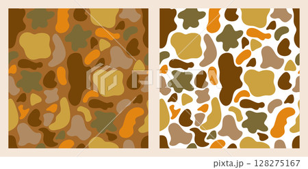 Seamless camouflage pattern of abstract spots of green, yellow, orange. Set of two options on a white and brown background. Vector illustration for printing on paper, fabric, packaging. 128275167