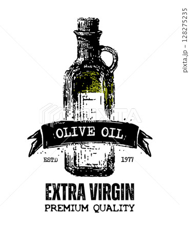 Hand-drawn vintage illustration of an olive oil bottle with text Hand-drawn vintage illustration of an olive oil bottle with text 128275235
