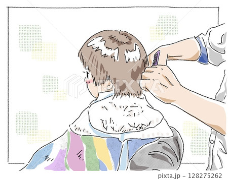 床屋で髪を切る子供 色付き 床屋で髪を切る子供 色付き 128275262