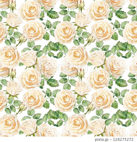 Peach roses seamless pattern. Hand drawn watercolor flowers illustration isolated on white. For cards, textiles, fabrics, wrapping paper, covers, wallpapers. 128275272