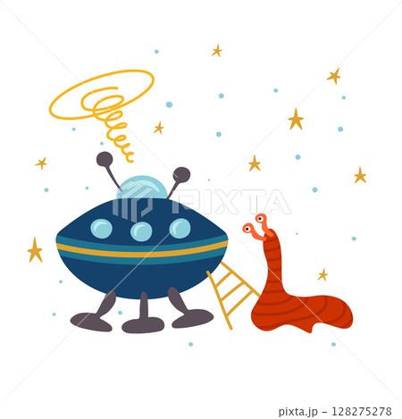 Extraterrestrial space ship with an alien. Cute cartoon-style vector illustration with stars for your design. Extraterrestrial space ship with an alien. Cute cartoon-style vector illustration with stars for your design. 128275278