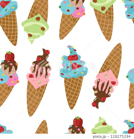 Seamless pattern with ice cream in a waffle cone with a variety of fillings, colored sprinkles, berries, chocolate and nuts. Vector background for printing on paper, fabric, packaging, clothing. Seamless pattern with ice cream in a waffle cone with a variety of fillings, colored sprinkles, berries, chocolate and nuts. Vector background for printing on paper, fabric, packaging, clothing. 128275284