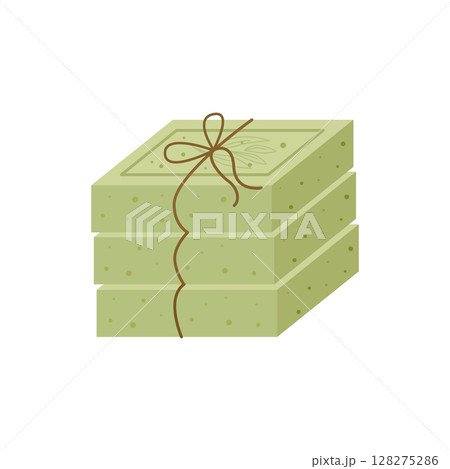 Handmade olive soap set tied with twine. Natural cosmetics. Vector illustration for social networks, website, packaging design. 128275286