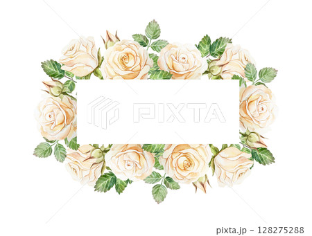 Pastel roses text frame. Horizontal. Hand drawn watercolor illustration isolated on white. For greeting cards, save the date, valentines day, wedding invitations, labels, covers. Pastel roses text frame. Horizontal. Hand drawn watercolor illustration isolated on white. For greeting cards, save the date, valentines day, wedding invitations, labels, covers. 128275288