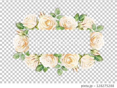 Pastel roses text frame. Horizontal. Hand drawn watercolor illustration isolated on white. For greeting cards, save the date, valentines day, wedding invitations, labels, covers. Pastel roses text frame. Horizontal. Hand drawn watercolor illustration isolated on white. For greeting cards, save the date, valentines day, wedding invitations, labels, covers. 128275288