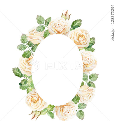 Oval frame of pastel roses. Hand drawn watercolor illustration of peach flowers isolated on white. For greeting cards, save the date, wedding invitations, labels, covers, banners. 128275294