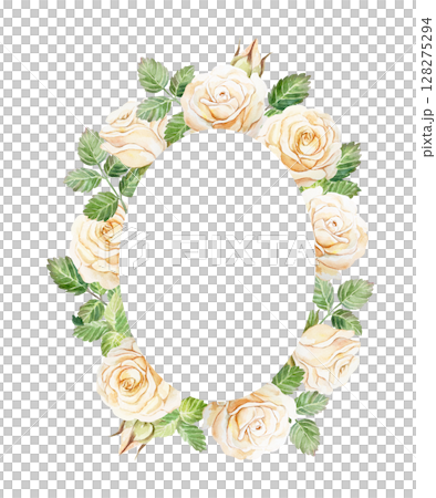 Oval frame of pastel roses. Hand drawn watercolor illustration of peach flowers isolated on white. For greeting cards, save the date, wedding invitations, labels, covers, banners. 128275294
