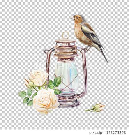 Lamp antique, bird sitting, peach roses. Hand drawn watercolor illustration isolated on white. For vintage cards, invitations, labels, covers, posters, banners. 128275298