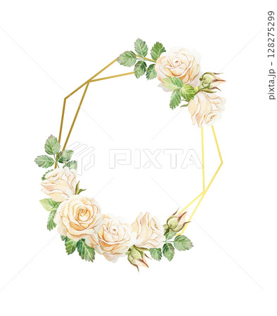 Golden frame decorated with peach pastel roses flowers. Hand drawn watercolor illustration isolated on white. For greeting cards, save the date, wedding invitations, labels, covers, banners. Golden frame decorated with peach pastel roses flowers. Hand drawn watercolor illustration isolated on white. For greeting cards, save the date, wedding invitations, labels, covers, banners. 128275299
