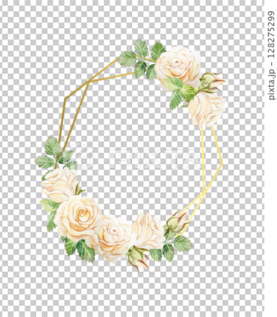 Golden frame decorated with peach pastel roses flowers. Hand drawn watercolor illustration isolated on white. For greeting cards, save the date, wedding invitations, labels, covers, banners. 128275299