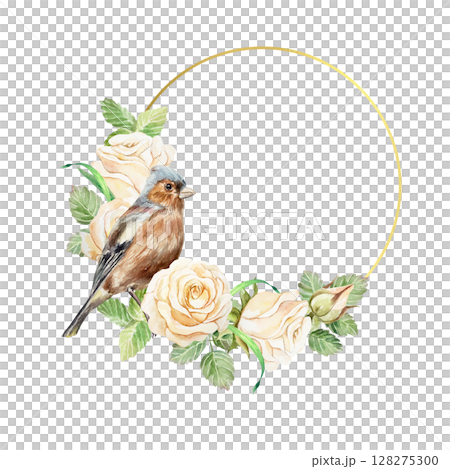 Round golden frame decorated with beige rose flowers and sitting bird. Hand drawn watercolor illustration isolated on white. Greeting cards, save the date, wedding invitations, labels, covers, banners 128275300