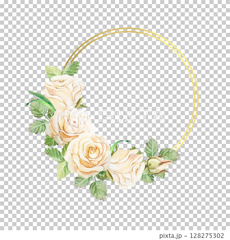 Round golden frame decorated with peach rose flowers. Hand drawn watercolor illustration isolated on white. For greeting cards, save the date, wedding invitations, labels, covers, banners. 128275302