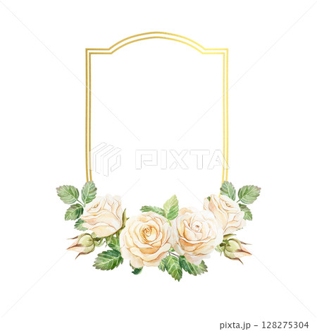 Golden frame decorated with peach pastel roses. Hand drawn watercolor illustration isolated on white. For greeting cards, wedding invitations, labels, covers, banners. 128275304
