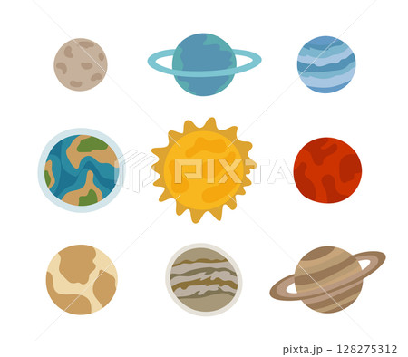 Planets of our solar system and the sun. Earth, moon, Venus, Neptune, Uranus, Jupiter, Mars. Vector illustration of cosmic objects of the universe. 128275312