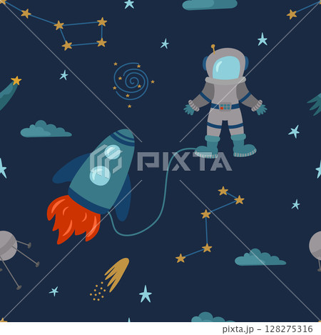 Seamless pattern of a space rocket flying with a bright flame on a blue background. Cute cartoon-style vector illustration with stars for your design. Seamless pattern of a space rocket flying with a bright flame on a blue background. Cute cartoon-style vector illustration with stars for your design. 128275316