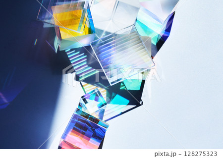 Colorful Reflections. Geometric prisms casting vibrant, multicolored shadows Colorful Reflections. Geometric prisms casting vibrant, multicolored shadows 128275323