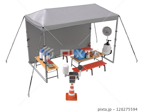 夏の建設土木工事現場で水分補給を行う熱中症対策の休憩所とWBGT計測器 128275594