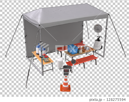夏の建設土木工事現場で水分補給を行う熱中症対策の休憩所とWBGT計測器 128275594