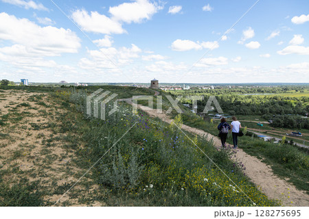 The tower of an ancient Bulgarian fortress on a high cliff on the banks of the Kama River, Elabuga, Tatarstan, Russian Federation The tower of an ancient Bulgarian fortress on a high cliff on the banks of the Kama River, Elabuga, Tatarstan, Russian Federation 128275695