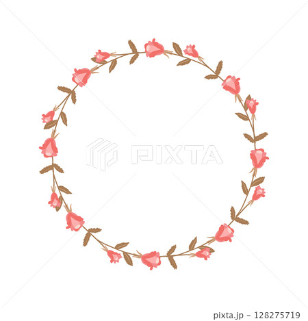 Wreath of pink roses and beige twigs with leaves. Festive vector illustration for ordering postcards, invitations. Rustic template for circle-shaped text Wreath of pink roses and beige twigs with leaves. Festive vector illustration for ordering postcards, invitations. Rustic template for circle-shaped text 128275719