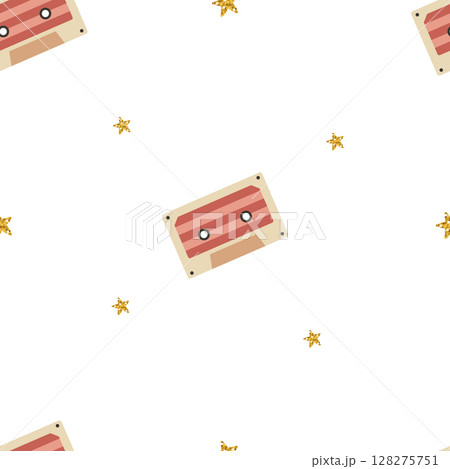 Seamless pattern with pink retro audio cassettes and gold stars. Vector vintage background for printing on paper, fabric, packaging. 128275751