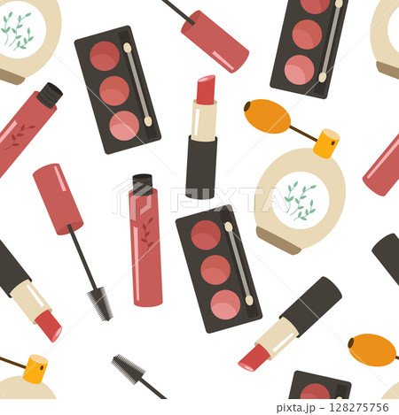 Seamless pattern with women's decorative makeup cosmetics. Lipstick, eye shadow, brush, mascara, perfume. Vector background for printing on paper, fabric, packaging. Seamless pattern with women's decorative makeup cosmetics. Lipstick, eye shadow, brush, mascara, perfume. Vector background for printing on paper, fabric, packaging. 128275756