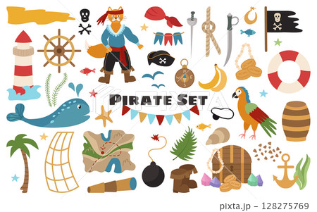 Pirate set of elements. Captain, flag, coins, saber, jewels, map, fish, whale, lighthouse. Vector illustration of sea voyages and treasure hunting.