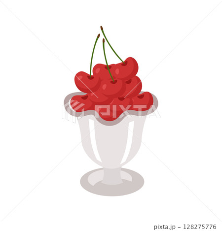 Cherry berries are bright red and ripe in a glass bowl. Beautifully laid out with a slide for serving. Vector illustration isolated on a white background. 128275776