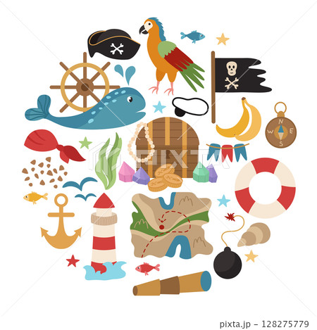 Pirate set of elements arranged in the shape of a circle. Flag, coins, saber, jewelry, map, fish, whale, lighthouse. Vector illustration of sea voyages and treasure hunting.