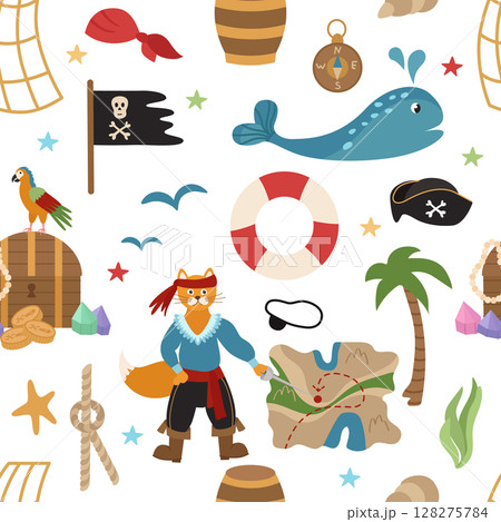 Seamless pirate pattern with Captain cat black flag, coins, saber, jewelry, map, fish, lighthouse. Vector illustration of sea voyages and treasure hunting.