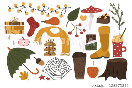 Autumn is a cozy set of elements. Umbrella, fly agaric, pumpkin, physalis, books, scarf, coffee, chocolate, cookies, web. Vector illustration collection for falling design or decor. Autumn is a cozy set of elements. Umbrella, fly agaric, pumpkin, physalis, books, scarf, coffee, chocolate, cookies, web. Vector illustration collection for falling design or decor. 128275833