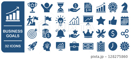 Business goal vector web icon set. Business strategy success goals icons collection. Including process, target, aim, focus, human resource, winner, action plan. Vector illustration image. Isolated 128275860