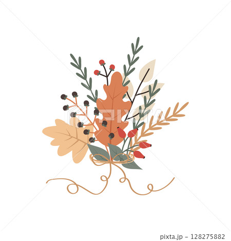 Autumn bouquet of leaves, twigs and berries tied with a ribbon. Vector illustration of falling for postcard design, invitation and decor 128275882