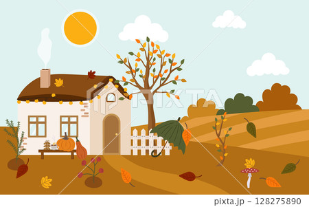 Autumn cozy rural house. Cute rustic landscape with leaves, pumpkin, white fence, tree, bushes, lawn. Vector illustration of a falling day outside the city. Autumn cozy rural house. Cute rustic landscape with leaves, pumpkin, white fence, tree, bushes, lawn. Vector illustration of a falling day outside the city. 128275890