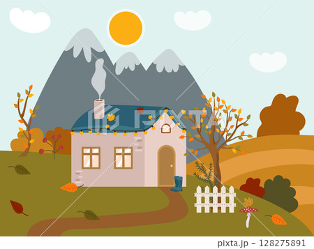Autumn cozy rural house in the mountains. Cute rustic landscape with a white fence, tree, bushes, lawn. Vector illustration of a falling day outside the city. 128275891