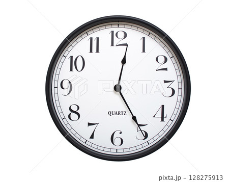 Round analog wall clock with a black frame, white face, and bold black numerals. showing 00:25 or 12:25. Isolated on a white background. Ideal for time-related themes. Round analog wall clock with a black frame, white face, and bold black numerals. showing 00:25 or 12:25. Isolated on a white background. Ideal for time-related themes. 128275913