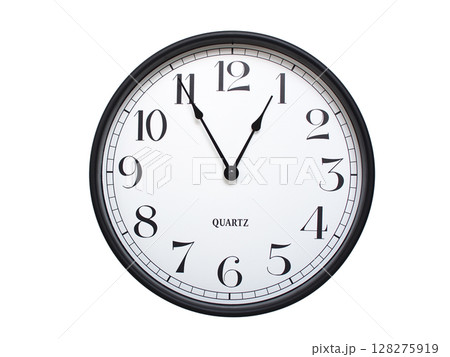 Round analog wall clock with a black frame, white face, and bold black numerals. showing 00:55 or 12:55. Isolated on a white background. Ideal for time-related themes. Round analog wall clock with a black frame, white face, and bold black numerals. showing 00:55 or 12:55. Isolated on a white background. Ideal for time-related themes. 128275919