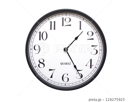 Round analog wall clock with a black frame, white face, and bold black numerals. showing 01:25 or 13:25. Isolated on a white background. Ideal for time-related themes. Round analog wall clock with a black frame, white face, and bold black numerals. showing 01:25 or 13:25. Isolated on a white background. Ideal for time-related themes. 128275925