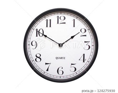 Round analog wall clock with a black frame, white face, and bold black numerals. showing 01:50 or 13:50. Isolated on a white background. Ideal for time-related themes. Round analog wall clock with a black frame, white face, and bold black numerals. showing 01:50 or 13:50. Isolated on a white background. Ideal for time-related themes. 128275930