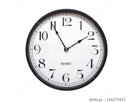 Round analog wall clock with a black frame, white face, and bold black numerals. showing 01:55 or 13:55. Isolated on a white background. Ideal for time-related themes. Round analog wall clock with a black frame, white face, and bold black numerals. showing 01:55 or 13:55. Isolated on a white background. Ideal for time-related themes. 128275931