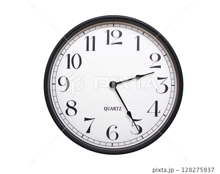 Round analog wall clock with a black frame, white face, and bold black numerals. showing  02:25 or 14:25. Isolated on a white background. Ideal for time-related themes. 128275937