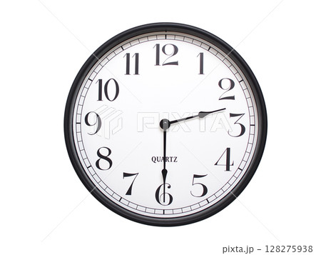 Round analog wall clock with a black frame, white face, and bold black numerals. showing 02:30 or 14:30. Isolated on a white background. Ideal for time-related themes. Round analog wall clock with a black frame, white face, and bold black numerals. showing 02:30 or 14:30. Isolated on a white background. Ideal for time-related themes. 128275938