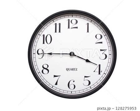 Round analog wall clock with a black frame, white face, and bold black numerals. showing 03:45 or 15:45. Isolated on a white background. Ideal for time-related themes. Round analog wall clock with a black frame, white face, and bold black numerals. showing 03:45 or 15:45. Isolated on a white background. Ideal for time-related themes. 128275953