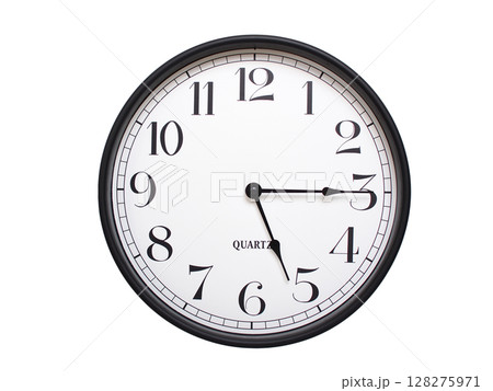 Round analog wall clock with a black frame, white face, and bold black numerals. showing 05:15 or 17:15. Isolated on a white background. Ideal for time-related themes. Round analog wall clock with a black frame, white face, and bold black numerals. showing 05:15 or 17:15. Isolated on a white background. Ideal for time-related themes. 128275971