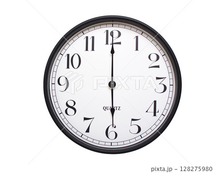 Round analog wall clock with a black frame, white face, and bold black numerals. showing 06:00 or 18:00. Isolated on a white background. Ideal for time-related themes. Round analog wall clock with a black frame, white face, and bold black numerals. showing 06:00 or 18:00. Isolated on a white background. Ideal for time-related themes. 128275980