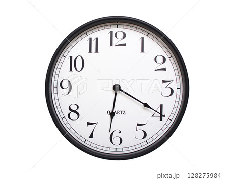 Round analog wall clock with a black frame, white face, and bold black numerals. showing 06:20 or 18:20. Isolated on a white background. Ideal for time-related themes. Round analog wall clock with a black frame, white face, and bold black numerals. showing 06:20 or 18:20. Isolated on a white background. Ideal for time-related themes. 128275984